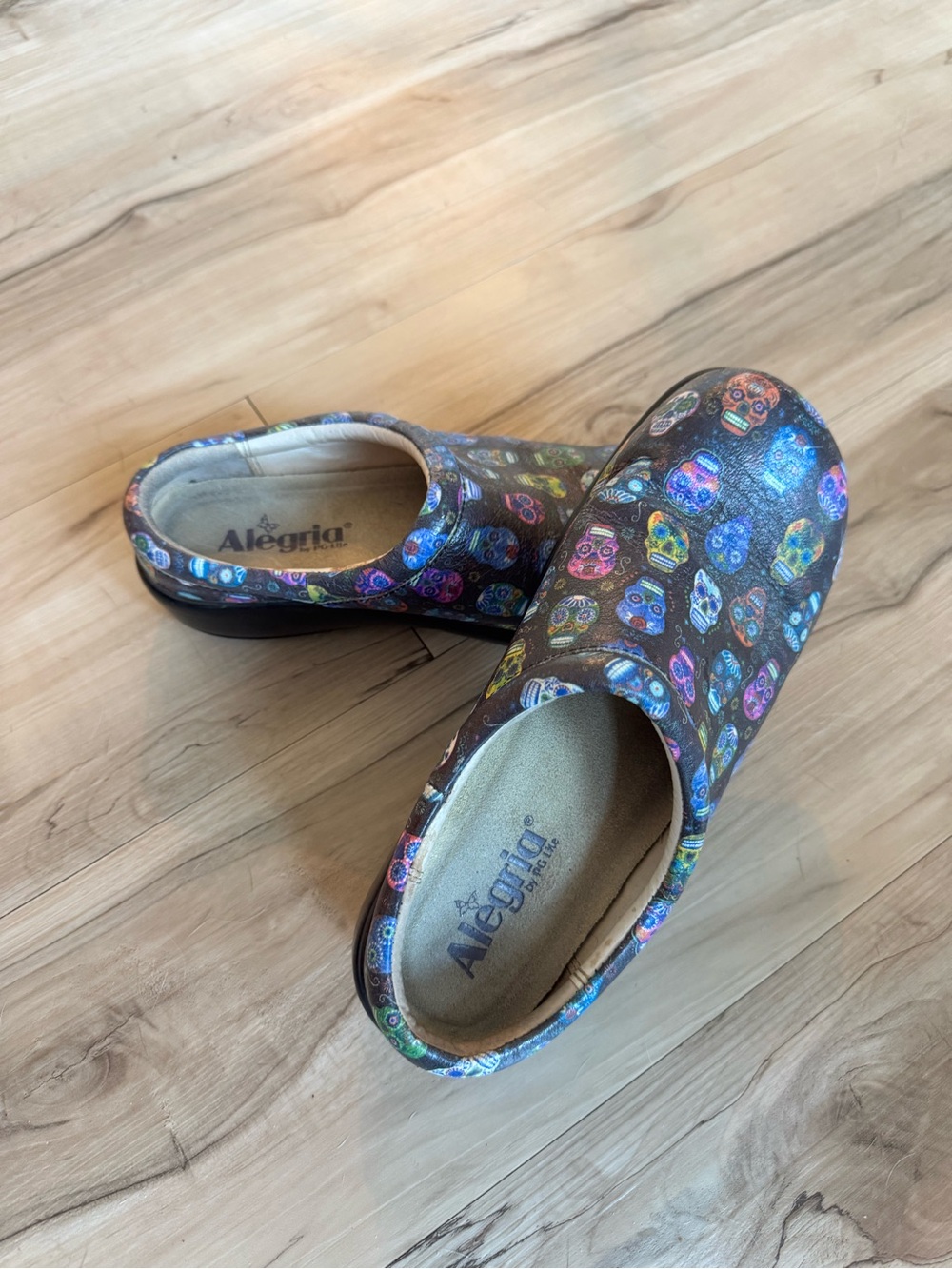 Alegria Black Mules with Colorful Sugar Skull Print